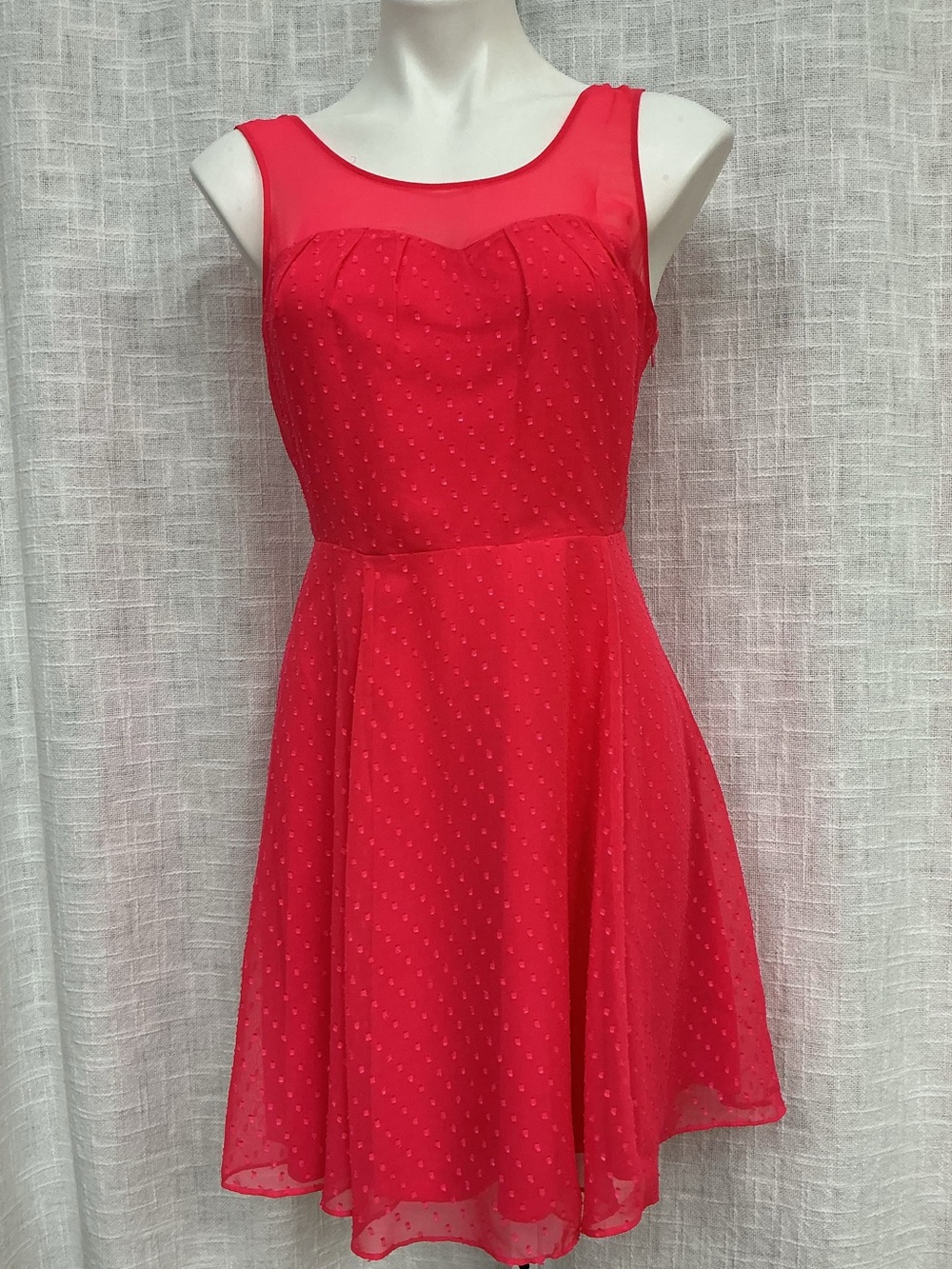 Express Red Sheer Yoke Fit-and-Flare Lined Mini Dress